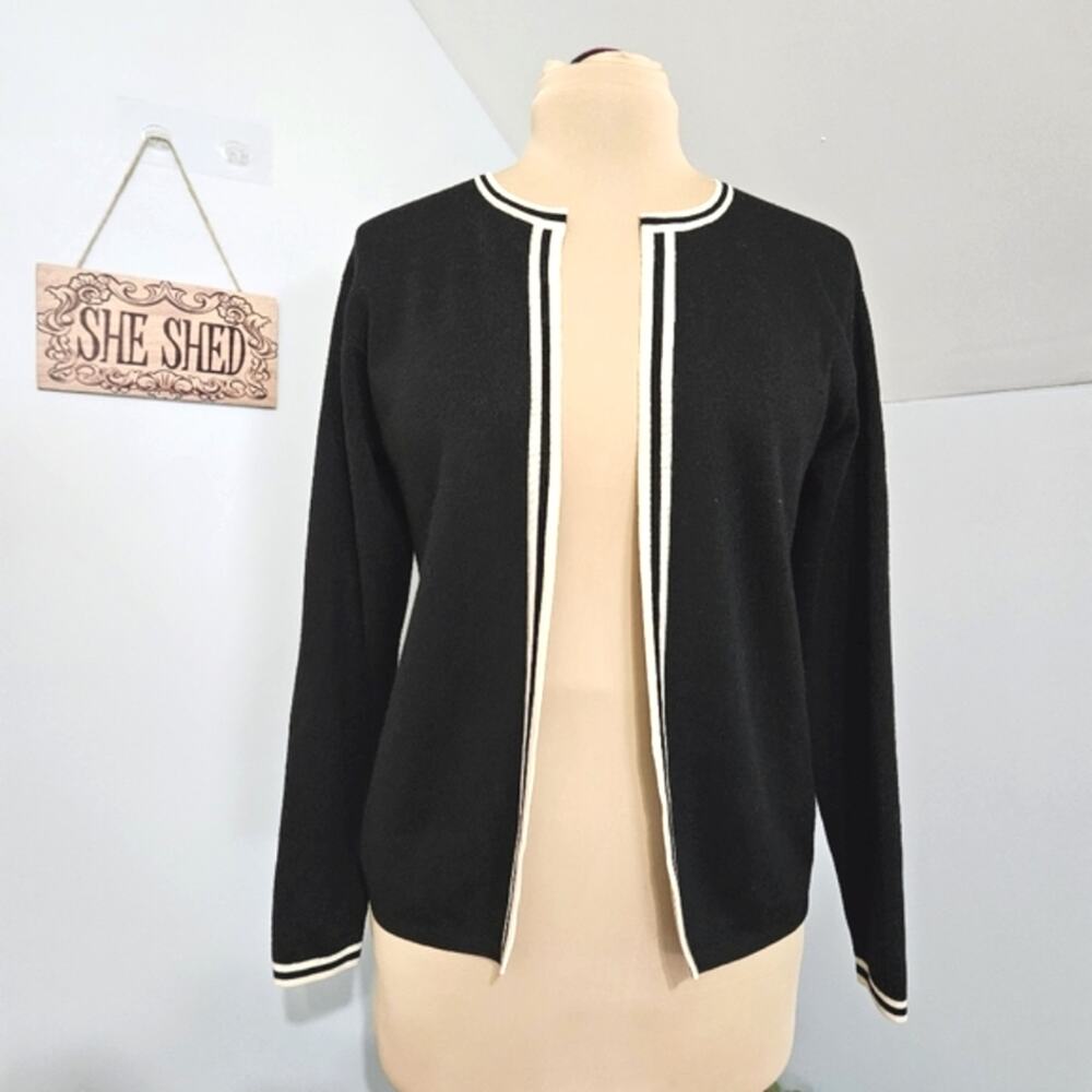 Linda Allard Ellen Tracy Wool Silk Black Open Knit Cardigan Sweater‎ PM Minimal